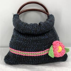 Vintage Round Plastic Handle Yarn Purse Knitted Crochet Detail Black Flower Pink